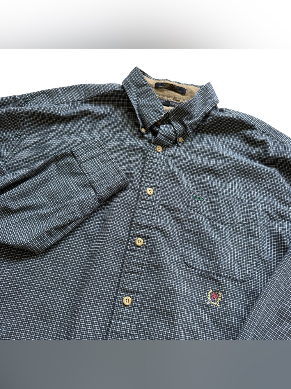 Vintage Tommy Hilfiger Crest Logo Button Down Shirt XXL Blue Check Preppy Men’s